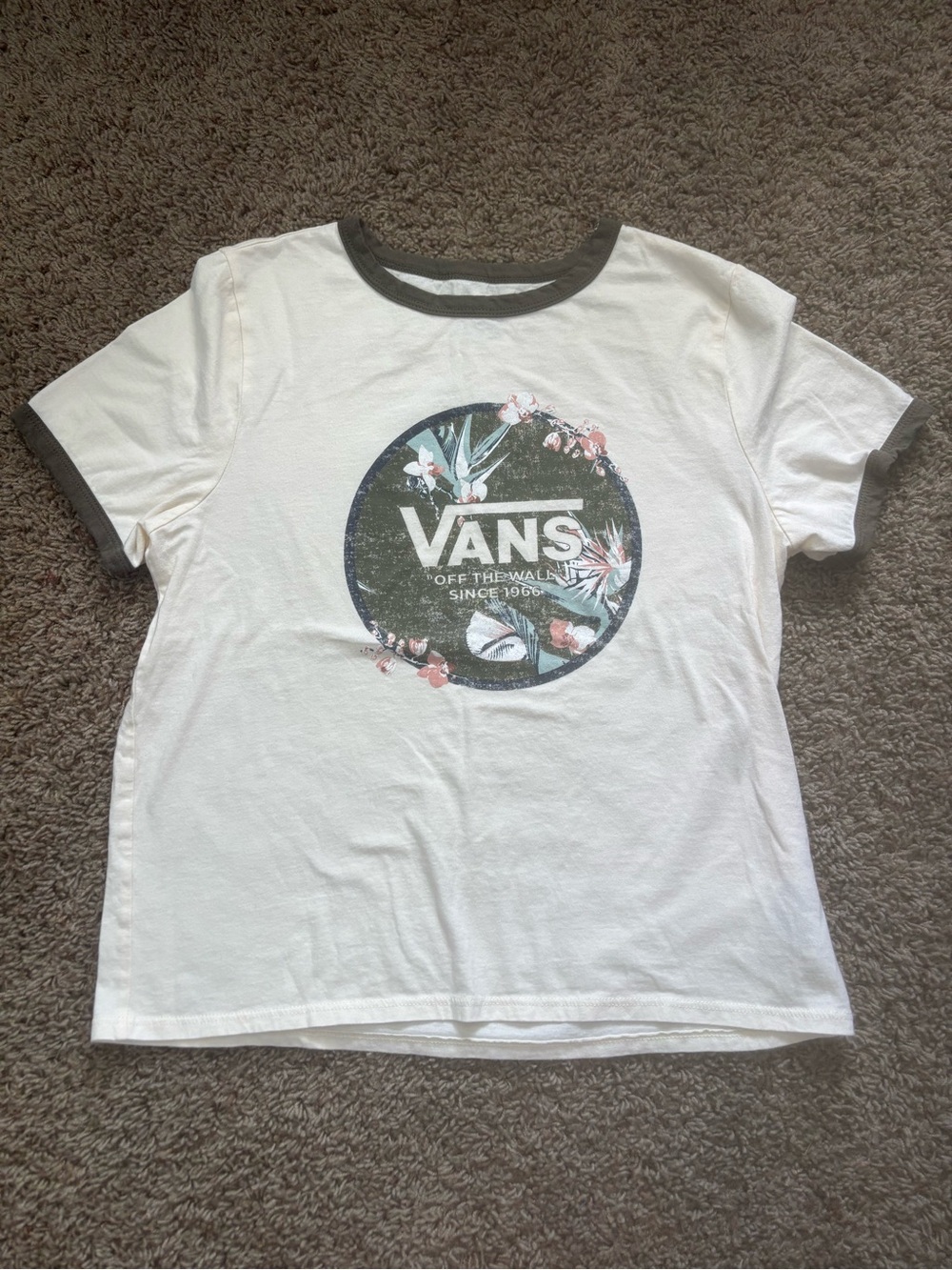 Vans White Ringer Tee with Floral Logo and Gray Trim - Kids
